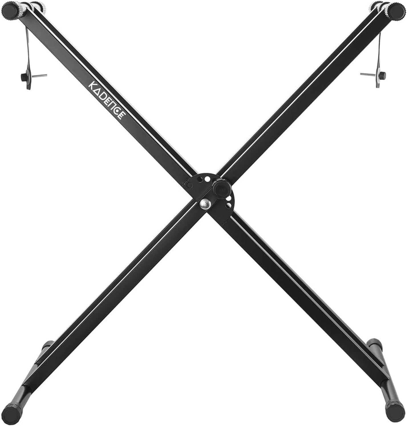 keyboard stand Kenya folded flat — top-down view of collapsed X-frame showing pivot bolt and locking knobs