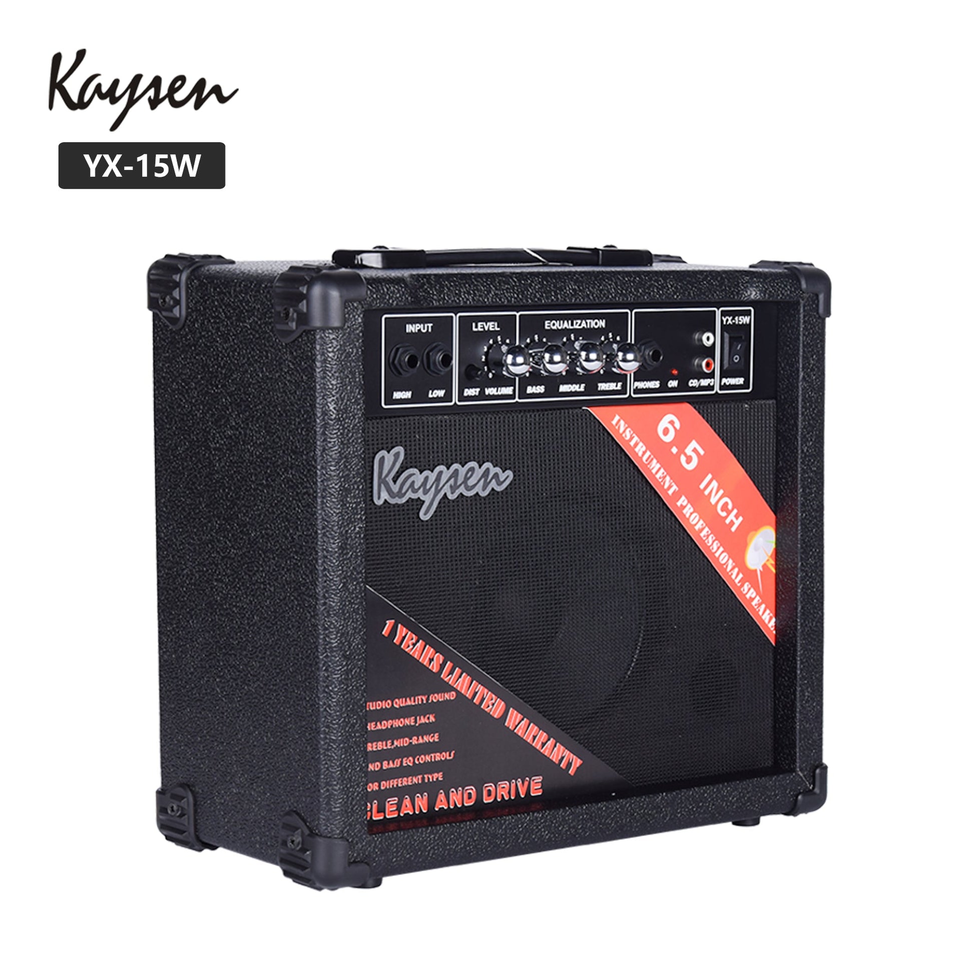 Angled view of Kaysen guitar amplifier Kenya showing top carry handle, controls and side profile