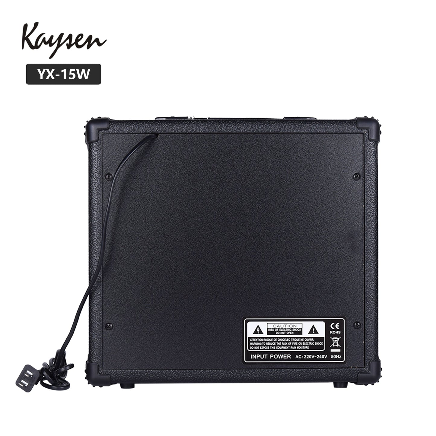 Rear view of Kaysen guitar amplifier Kenya with power cable and 220-240V input rating label