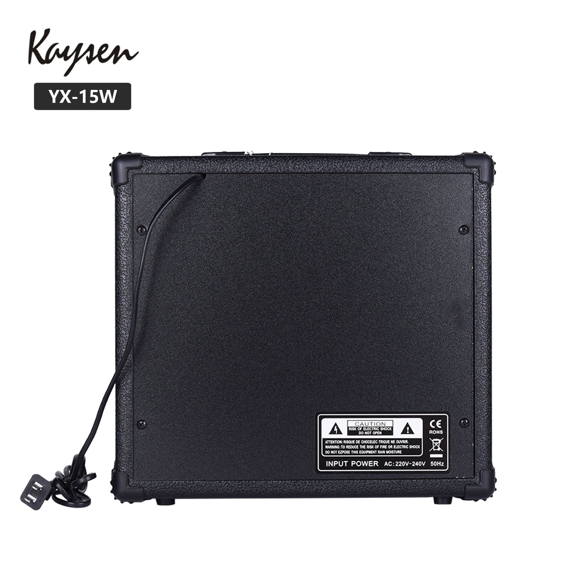 Rear view of Kaysen guitar amplifier Kenya with power cable and 220-240V input rating label
