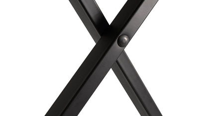 keyboard bench Kenya close-up of black steel X-brace pivot joint with adjustment bolt visible at centre