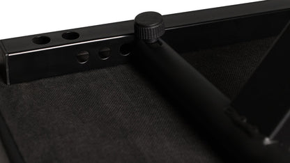 keyboard  bench Kenya underside detail showing height adjustment knob, slotted steel rail, and X-frame brace