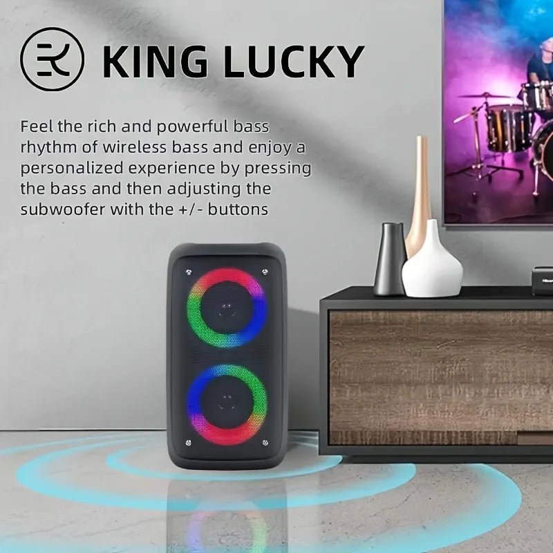 Bluetooth speaker Kenya in living room home setup with bass wave visualization and TV in background
