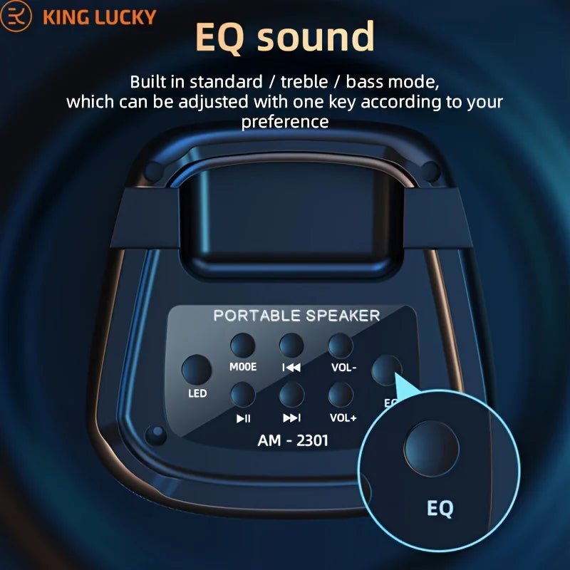 AM-2301 Bluetooth speaker Kenya top panel close-up showing EQ, MODE, LED, VOL and playback buttons