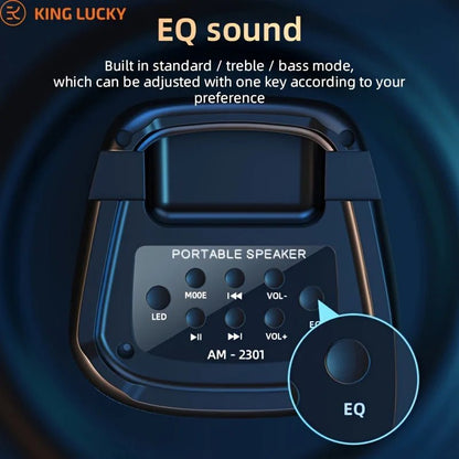 AM-2301 Bluetooth speaker Kenya top panel close-up showing EQ, MODE, LED, VOL and playback buttons