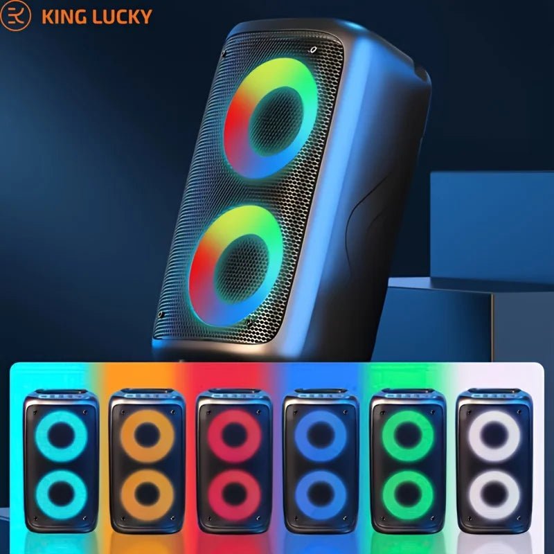 AM-2301 Bluetooth speaker Kenya angled view with six LED color mode variants displayed below