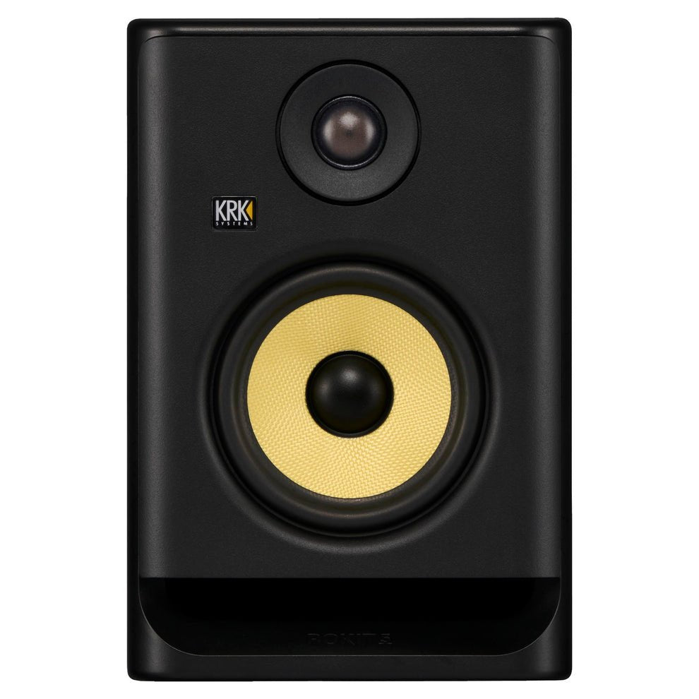 KRK ROKIT 5 M5 Kenya front view showing yellow woofer, soft-dome tweeter and KRK Systems logo