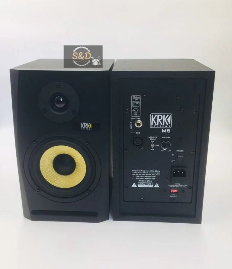 KRK ROKIT 5 M5 Kenya pair showing front yellow woofer and rear panel with XLR, TRS inputs and volume control