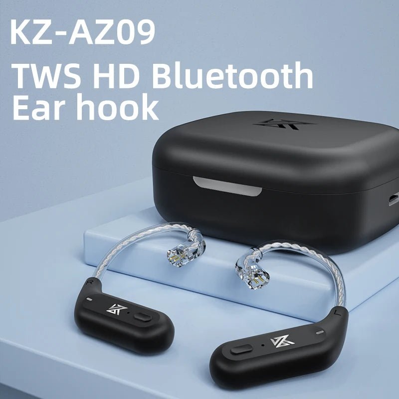 KZ AZ09 Bluetooth earhook Kenya — both modules and black charging case on blue surface, front view