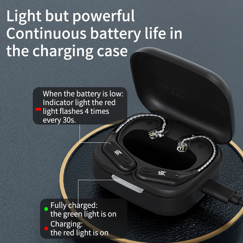 KZ AZ09 Bluetooth earhook Kenya — modules seated in open USB-C charging case with LED indicator callouts