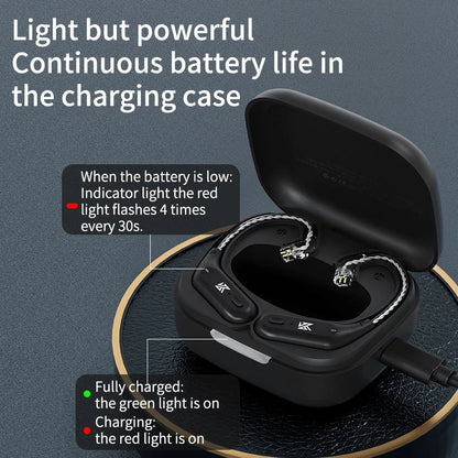 KZ AZ09 Bluetooth earhook Kenya — modules seated in open USB-C charging case with LED indicator callouts