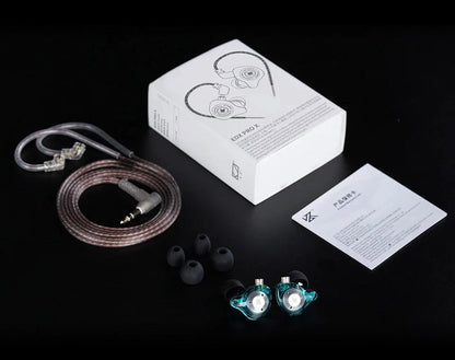 KZ EDX Pro X IEM Kenya full unboxing layout with box, silver-plated cable, ear tips, earpieces and documentation