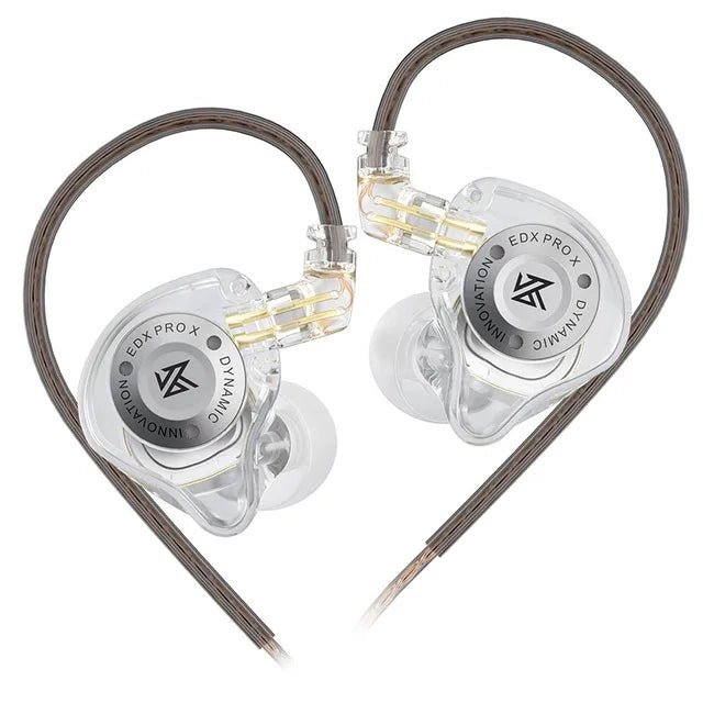 KZ EDX Pro X IEM Kenya both earpieces displayed showing left and right channel markings