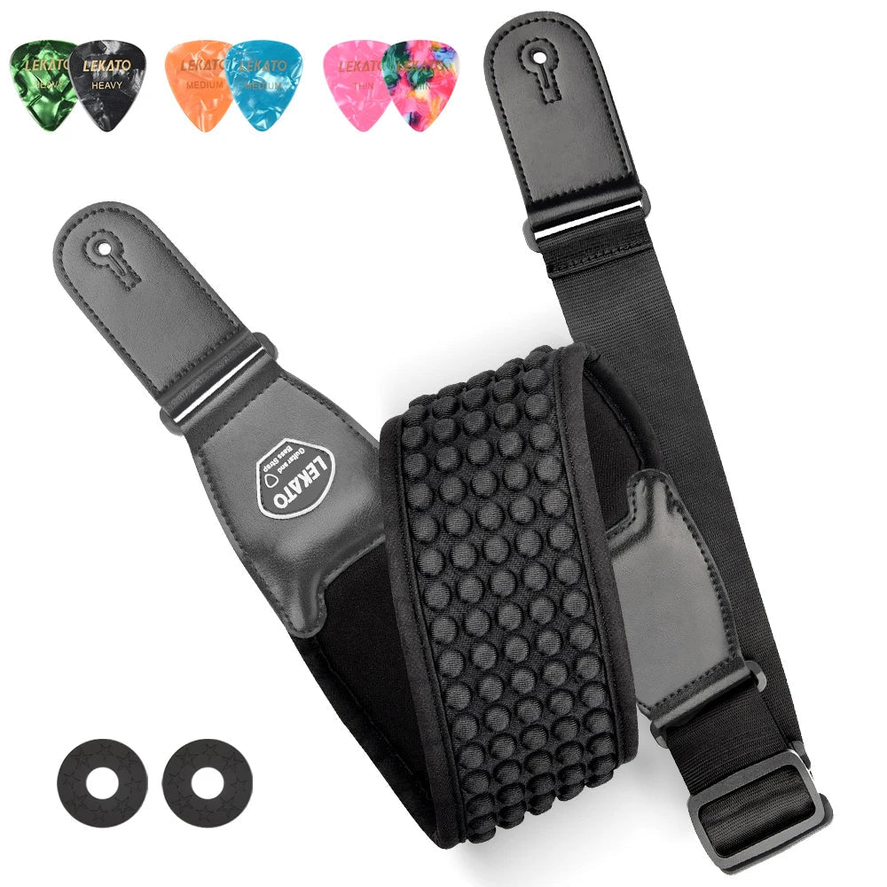 LEKATO Adjustable Guitar Strap – 3.5" Wide, Comfortable Non-Slip Shoulder Pad, 3D Sponge Padding with 6 Picks - ZAMAR AUDIO SOLUTIONS