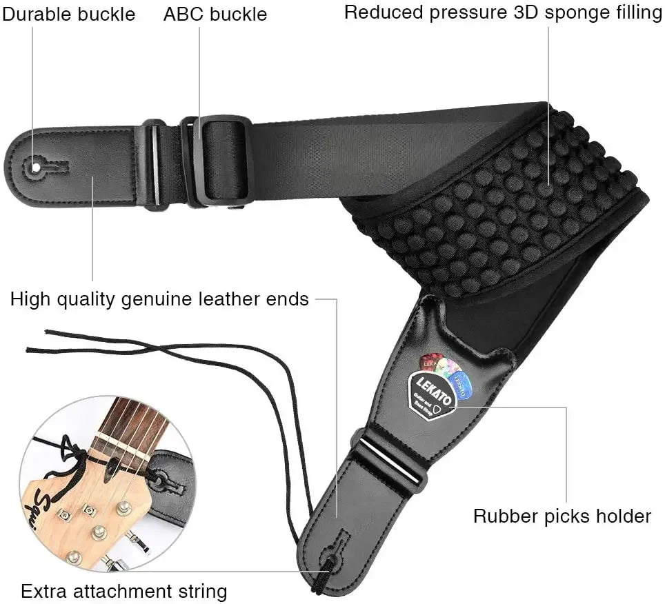 LEKATO Adjustable Guitar Strap – 3.5" Wide, Comfortable Non - Slip Shoulder Pad, 3D Sponge Padding with 6 Picks - ZAMAR AUDIO SOLUTIONS