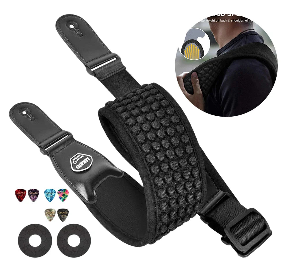 LEKATO Adjustable Guitar Strap – 3.5" Wide, Comfortable Non - Slip Shoulder Pad, 3D Sponge Padding with 6 Picks - ZAMAR AUDIO SOLUTIONS