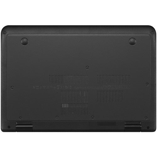 Lenovo ThinkPad 11e Kenya bottom panel view showing rubber feet, regulatory labels, and chassis ribbing