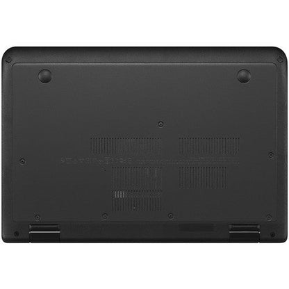 Lenovo ThinkPad 11e Kenya bottom panel view showing rubber feet, regulatory labels, and chassis ribbing