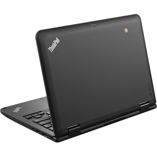 Lenovo ThinkPad 11e Kenya rear 3/4 view open showing ThinkPad logo on lid and reinforced rugged chassis