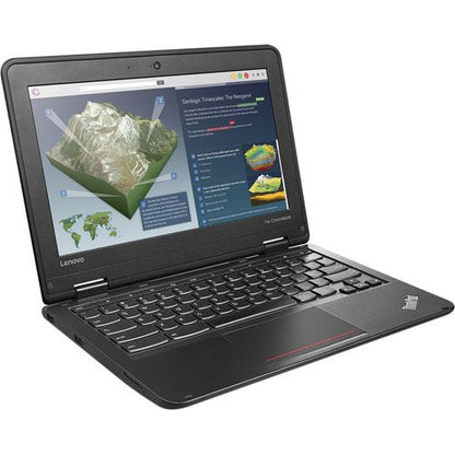 Lenovo ThinkPad 11e Kenya 3/4 front view open showing 11.6" touchscreen display with educational content