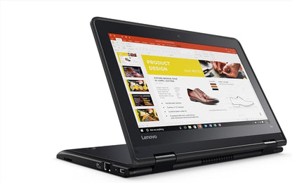 Lenovo ThinkPad Yoga 11E Kenya in tent mode, 11.6" touchscreen displaying PowerPoint presentation, angled right side view