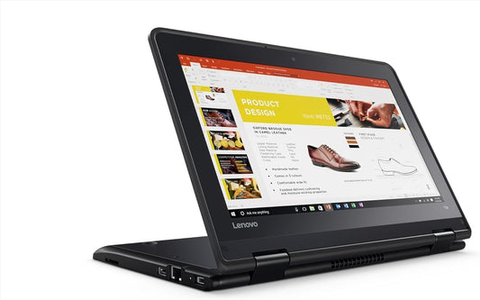Lenovo ThinkPad Yoga 11E Kenya in tent mode, 11.6" touchscreen displaying PowerPoint presentation, angled right side view