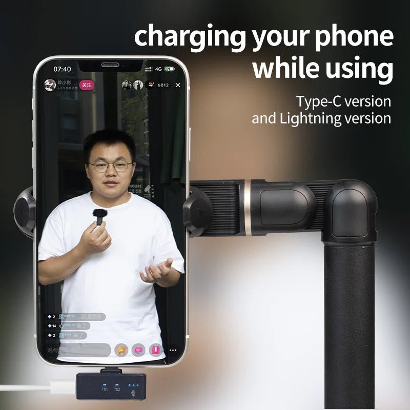 LINIM M8 wireless lavalier mic Kenya clipped to presenter recording live stream on phone mounted on gimbal, Type-C and Lightning versions shown