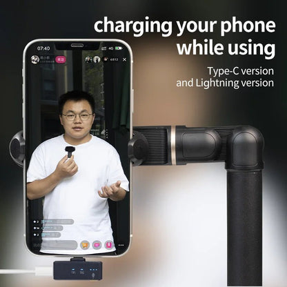 LINIM M8 wireless lavalier mic Kenya clipped to presenter recording live stream on phone mounted on gimbal, Type-C and Lightning versions shown