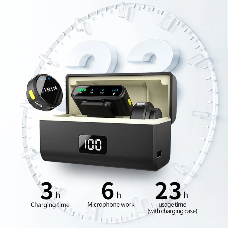 LINIM M8 wireless lavalier mic Kenya battery stats – 3h charge time, 6h mic use, 23h total with 600mAh charging case and LED display