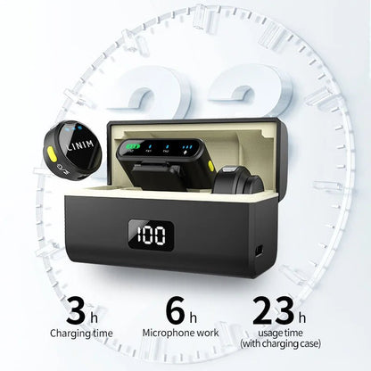 LINIM M8 wireless lavalier mic Kenya battery stats – 3h charge time, 6h mic use, 23h total with 600mAh charging case and LED display
