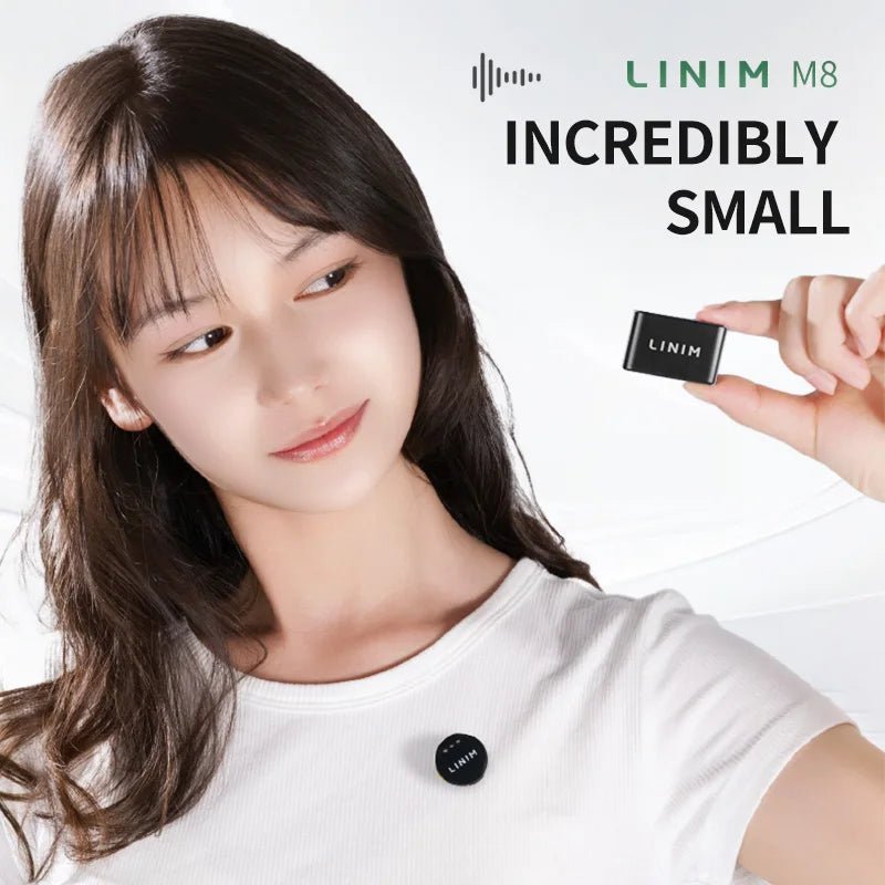 LINIM M8 wireless lavalier mic Kenya – side profile of compact TX transmitter showing button controls