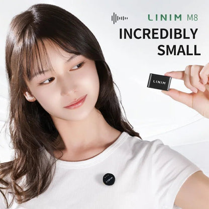 LINIM M8 wireless lavalier mic Kenya – side profile of compact TX transmitter showing button controls