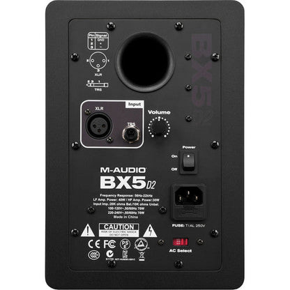 M-Audio BX5 D2 studio monitor Kenya — rear panel showing XLR and TRS inputs, volume knob, power switch and spec label