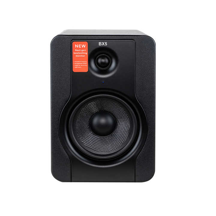 M - Audio BX5 studio monitors Kenya — rear panel close-up showing XLR, TRS inputs, volume knob and power switch
