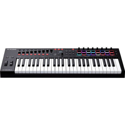 M-Audio Oxygen Pro 49 Kenya front-left angle showing full keyboard and RGB drum pad section