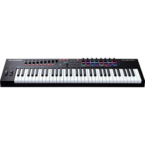 M-Audio Oxygen Pro 61 Kenya — elevated front-angle view showing full keyboard, faders, knobs and RGB pads