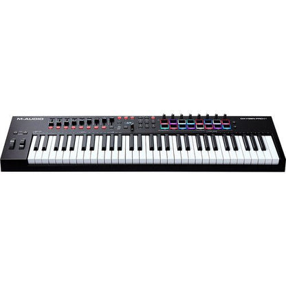 M-Audio Oxygen Pro 61 Kenya — elevated front-angle view showing full keyboard, faders, knobs and RGB pads