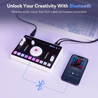 Maono AMC2 Neo sound card Kenya – Bluetooth wireless audio input from smartphone shown with white unit on desk