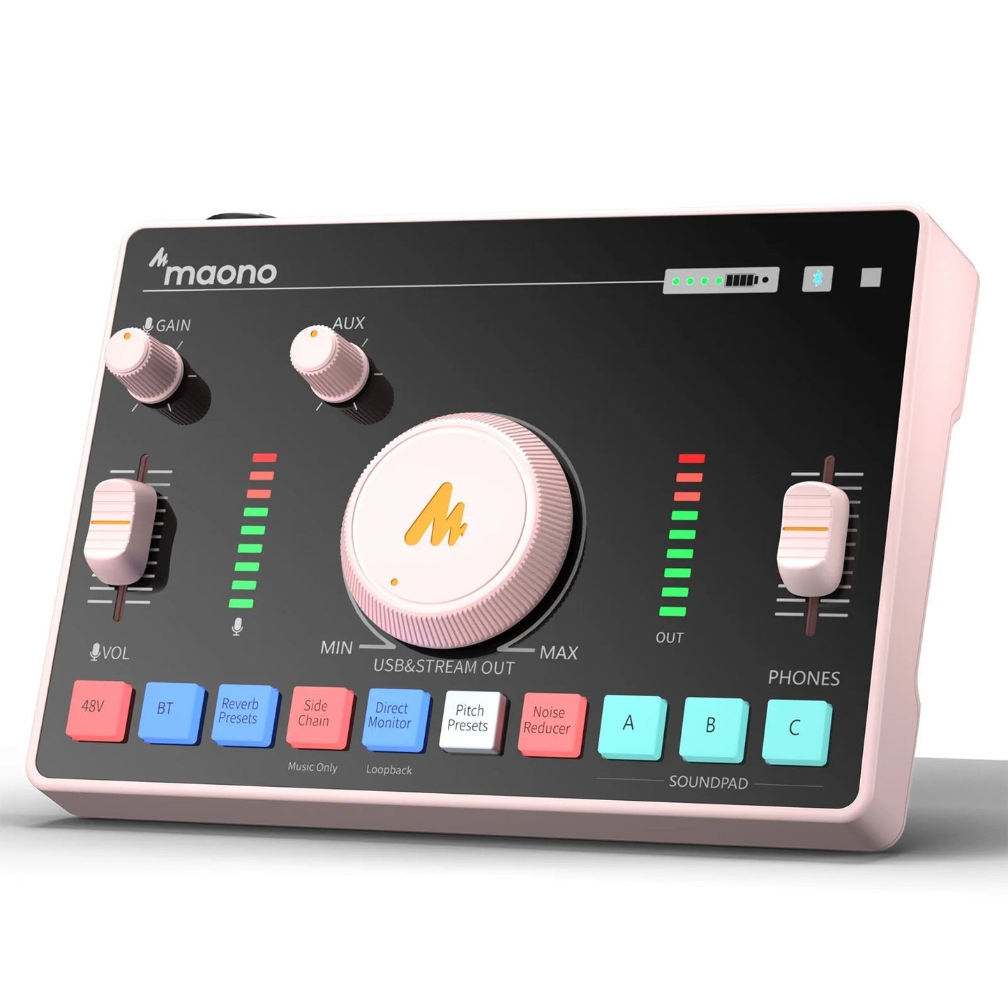 Maono AMC2 Neo sound card Kenya – rose pink colorway front panel showing all controls, soundpads and LED level meters