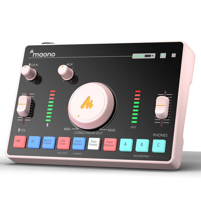 Maono AMC2 Neo sound card Kenya – rose pink colorway front panel showing all controls, soundpads and LED level meters