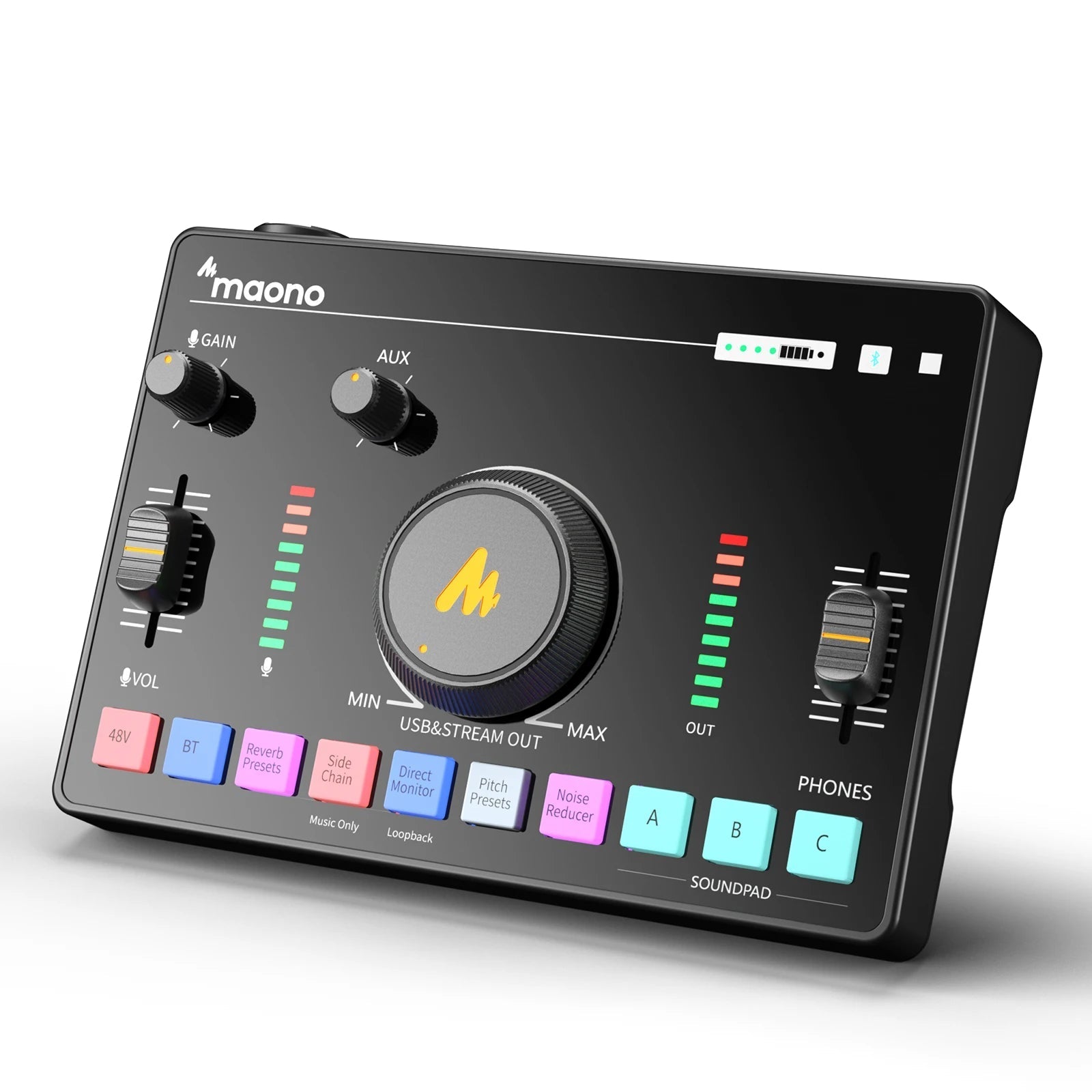 Maono AMC2 Neo sound card Kenya – front panel showing gain, AUX, VOL sliders, LED meters, soundpads and central stream dial