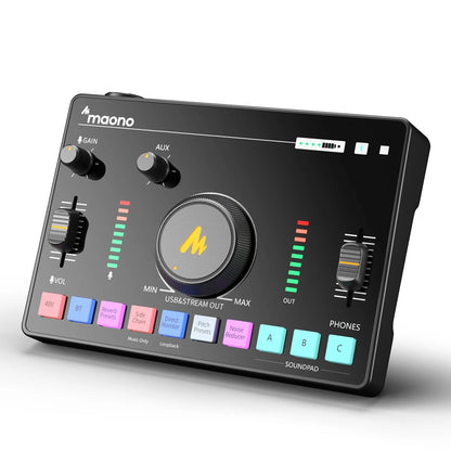 Maono AMC2 Neo sound card Kenya – front panel showing gain, AUX, VOL sliders, LED meters, soundpads and central stream dial