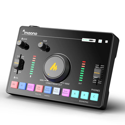 Maono AMC2 Neo sound card Kenya – front panel showing gain, AUX, VOL sliders, LED meters, soundpads and central stream dial