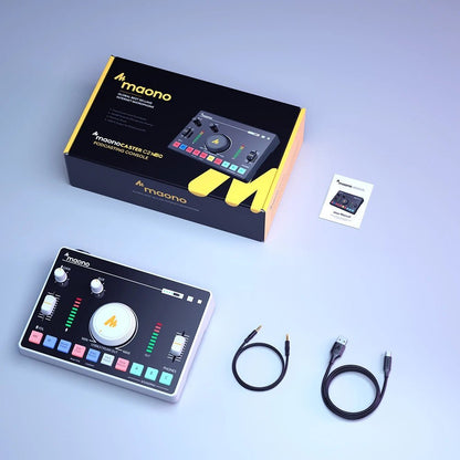 Maono AMC2 Neo sound card Kenya – full box contents including unit, USB-C cable, AUX cable and user manual