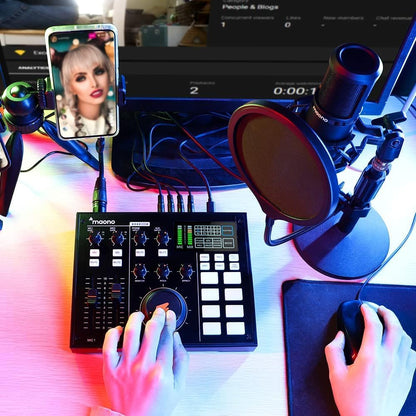 MaonoCaster AM100 Kenya all-in-one podcast production studio front panel with channel faders, LED indicators and jingle pads