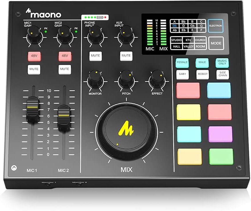 MaonoCaster AM100 Kenya podcast studio showing programmable jingle pads for live sound effects and broadcast control