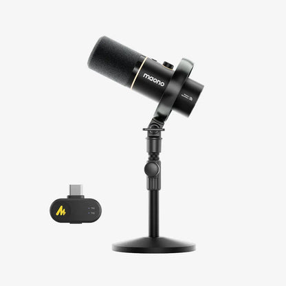 Maono PD200W hybrid wireless USB XLR dynamic podcast microphone — black, RGB lighting, 30mm capsule, desktop stand included