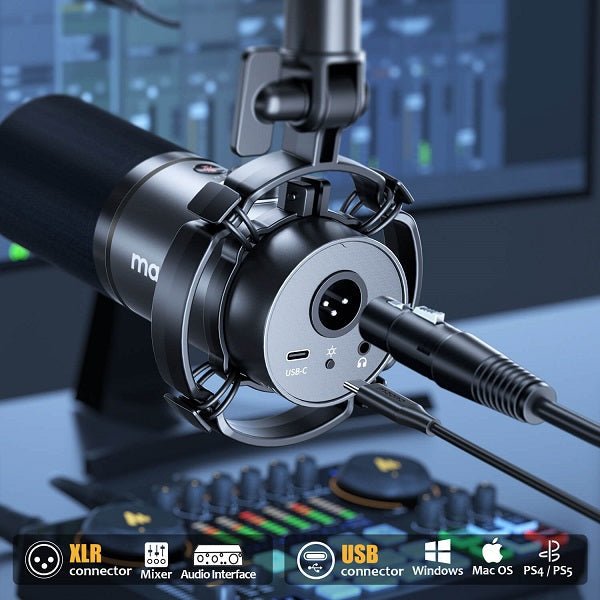 MAONO PD200X dynamic microphone Kenya — USB-C and XLR port detail on metal body