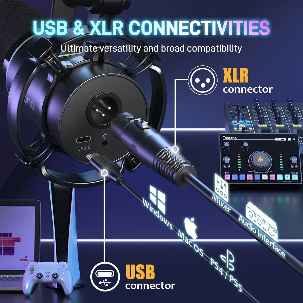 Maono PD200X Dynamic USB/XLR Microphone – Metal Mic for Gaming, Recording, Streaming, YouTube, with Tap-to-Mute, Gain Knob, and RGB Lights - ZAMAR AUDIO SOLUTIONS