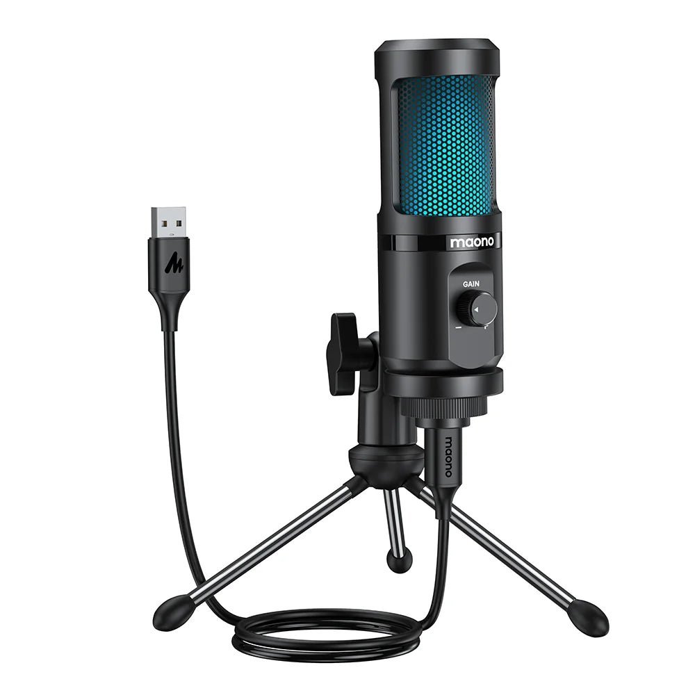 MAONO PM461TR USB gaming microphone Kenya shown on tripod stand with teal RGB lighting and USB-A cable